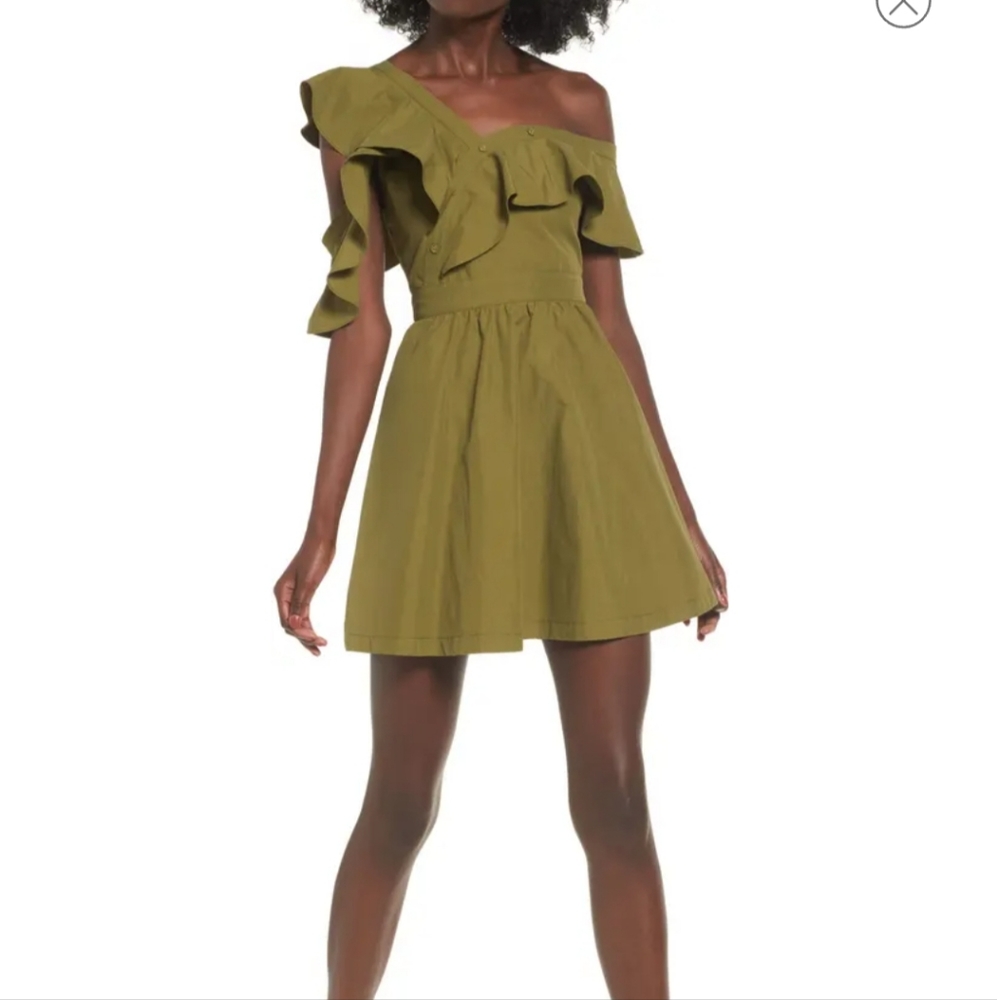 J.O.A. Off Shoulder Ruffle Asymmetrical Olive Dress
